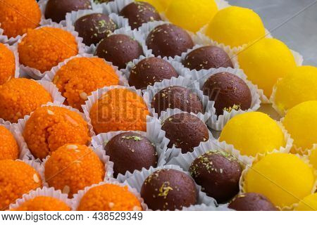Traditional Indian Dish: Motichoor Laddoo Or Bundi Laddoo - Ball Shaped Sweets With Sugar, Nuts, Ghe