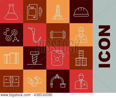 Set Line Businessman Or Stock Market Trader, Barrel Oil, Oilman, Rig With Fire, Gasoline Pump Nozzle