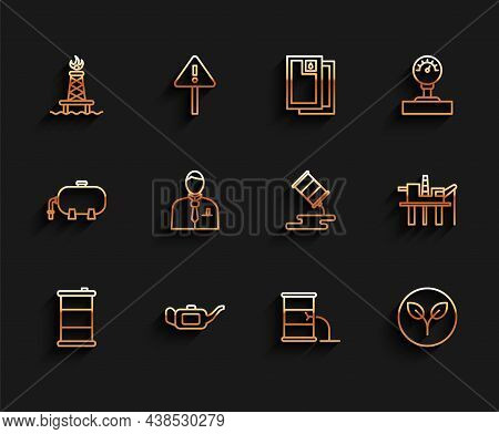 Set Line Barrel Oil, Canister For Motor, Oil Rig With Fire, Leak, Bio Fuel, Businessman Stock Market