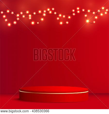 Red Roud Chinese Style Podium For New Year And Festivals. Vector Illustration