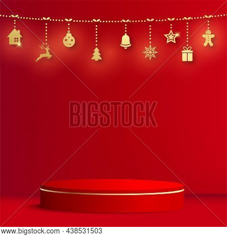 Red Roud Chinese Style Podium For New Year And Festivals. Vector Illustration