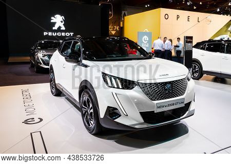 Peugeot E-2008 Gt Line New Electric Suv Car Model Shown At The Autosalon 2020 Motor Show. Brussels, 