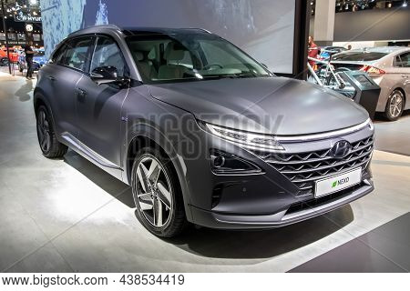 Hyundai Nexo Hydrogen Fuel Cell Suv Car Model Shown At The Autosalon 2020 Motor Show. Brussels, Belg