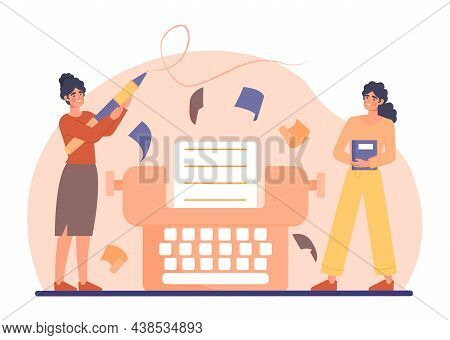 Blog Author Concept. Girl Writes About Her Life. Modern Technologies, Social Networks. Publishing Ed