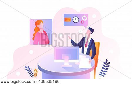 Customer Support Concept. Man Answers Girls Questions. Assistance, Call Center. Pressentation, Socia