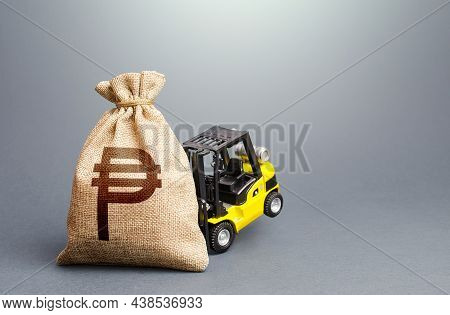 Forklift Cant Lift A Philippine Peso Money Bag. Financial Assistance. High Incomes And Super Profits