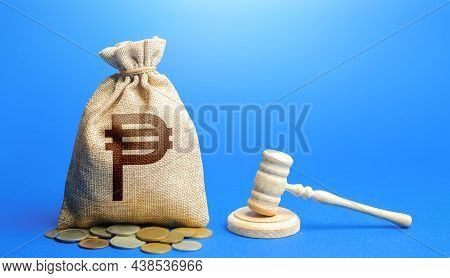 Philippine Peso Money Bag And Judge's Gavel. Litigation, Dispute Resolution, Conflict Of Interest Se