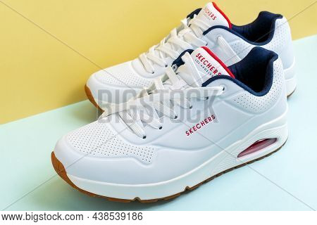 Tyumen, Russia-october 14, 2021: Skechers Company Logo On Sneakers. Skechers Usa, Inc. Is An America