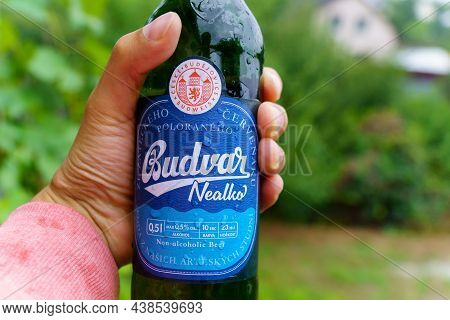 Volzhsky, Russia-september 25, 2021: Bottles Of Budvar Nealko Non-alcoholic Close Up, Produced In Ce