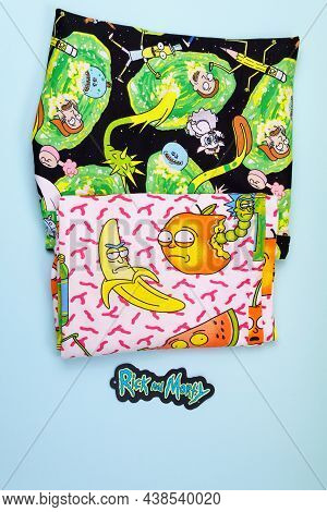 Tyumen, Russia-august 27, 2021: Rick And Morty T-shirts With The Image. American Comedy Animated Ser