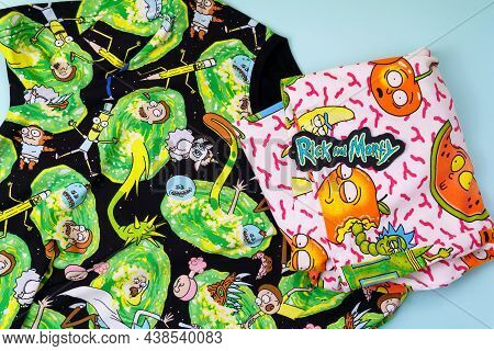 Tyumen, Russia-august 27, 2021: Rick And Morty T-shirts With The Image. American Comedy Animated Ser