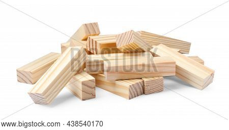Pile Of Wooden Blocks On White Background. Jenga Game