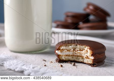 Tasty Choco Pie And Milk On White Napkin, Closeup View