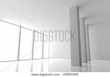 Vacío Interior blanco moderno con grandes ventanas y columnas