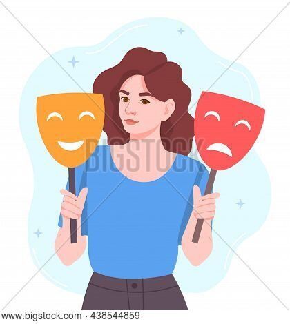 Woman With Masks. Concept Of Pretense, Character Chooses Appropriate Emotion. Woman Hides Real Feeli