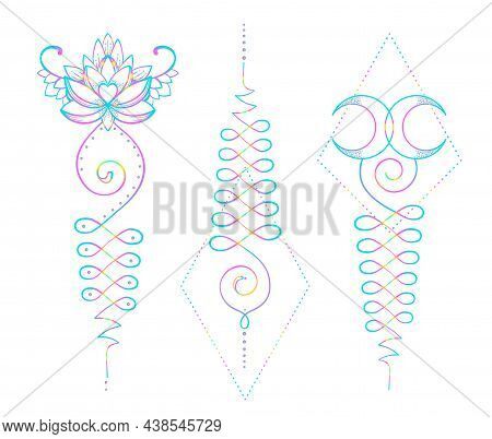 Lotus And Sacred Geometry. Unamole Hindu Symbol Of Wisdom And Path To Perfection. Set Of Tattoo Fles