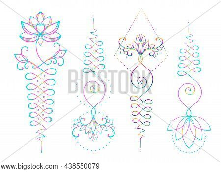 Lotus And Sacred Geometry. Unamole Hindu Symbol Of Wisdom And Path To Perfection. Set Of Tattoo Fles