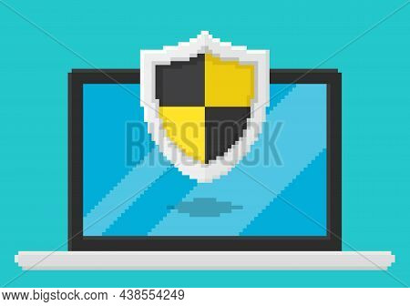 Pixel Art Style Vector Illustration Of Antivirus Shield On Laptop Screen. Security Vector Illustrati