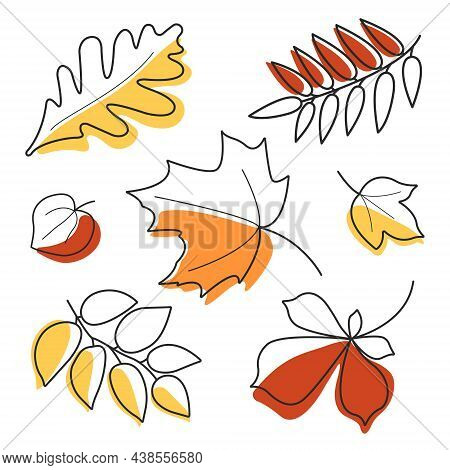 Set Of Seven Different Color Autumn Leaves. Doodle Style