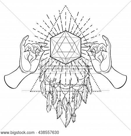 Buddha Hands Over Sacred Geometry, Metatrons Cube, Flower Of Life. Sacred Geometry Abstract Backgrou