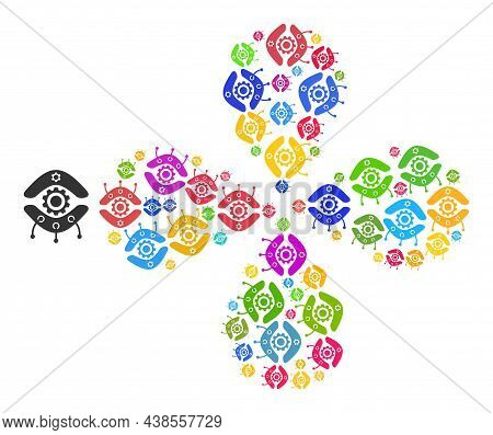 Nanobot Icon Multicolored Centrifugal Flower Cluster Shape. Object Flower With 4 Petals Composed Fro