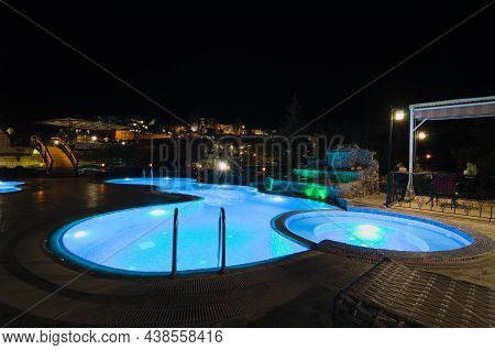 Goreme, Turkey-october 8,2021:picturesque Night Lights Landscape Of Cave Hotel In Goreme. Illuminate