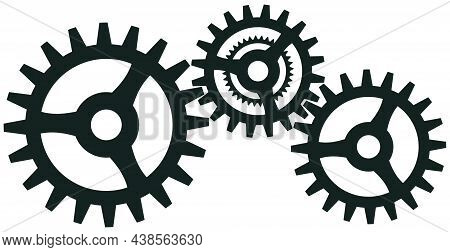 Gear Working Or Cogwheel Symbol On Isolated White Background.
Three Thoothed Black Wheels In Coopera