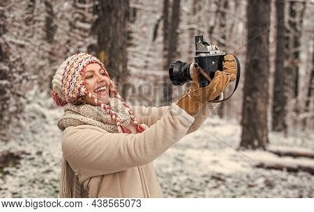 Inspiration Create Something Special. Spend Day Outdoors. Girl With Vintage Camera In Snowy Nature. 
