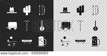 Set Western Cowboy Hat, Cactus, Bow And Arrow In Quiver, Desert Landscape With Cactus, Kayak Or Cano