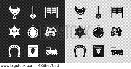Set Wild West Saddle, Banjo, Saloon Door, Horseshoe, Wanted Western Poster, Retro Train, Hexagram Sh