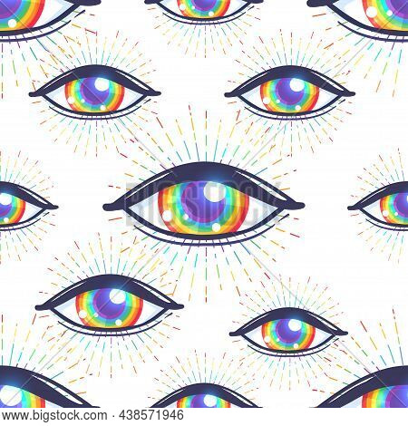 Seamless Pattern With Rainbow Colored Eyes. Flag Of Lgbt Community Inside Eyeball. Vector Illustrati
