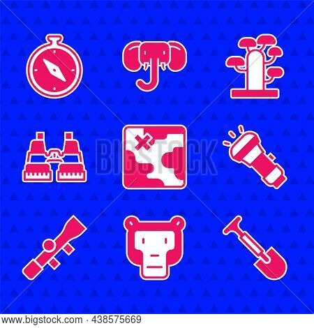 Set Africa Safari Map, Monkey, Shovel, Flashlight, Sniper Optical Sight, Binoculars, African Tree An