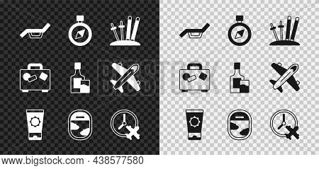 Set Sunbed And Umbrella, Compass, Ski Sticks, Sunscreen Cream In Tube, Airplane Window, Clock With A