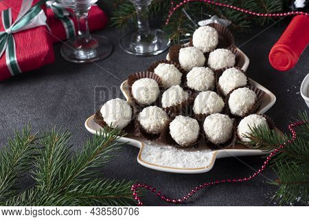 Sweet Coconut Rafaello Candies Served In Plate As Christmas Tree On Gray Background