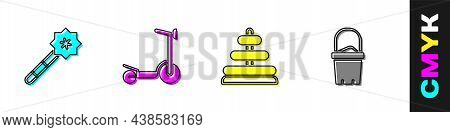 Set Magic Wand, Roller Scooter, Pyramid Toy And Sand In Bucket Icon. Vector