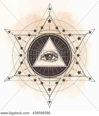 Tattoo Flash. Eye Of Providence. Masonic Symbol. All Seeing Eye Inside Triangle Pyramid. New World O