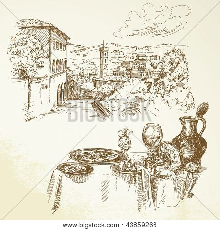 Wine, vineyard, Tuscany - hand drawn collection