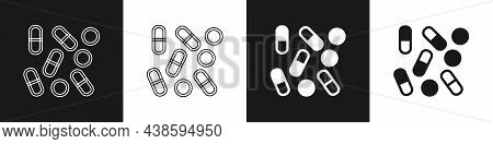 Set Medical Pill Bottle Biohacking Icon Isolated On Black And White Background. Pharmacy Biohacking.