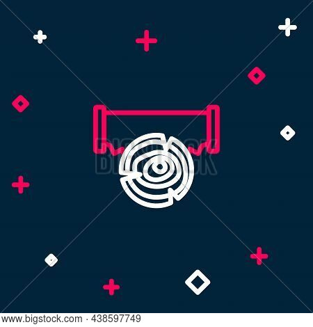 Line Two-handed Saw And Log Icon Isolated On Blue Background. Colorful Outline Concept. Vector