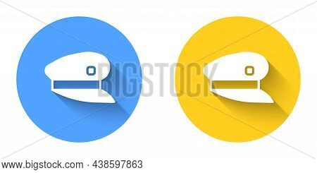 White Train Driver Hat Icon Isolated With Long Shadow Background. Circle Button. Vector