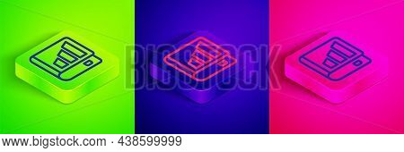 Isometric Line Financial Book Icon Isolated On Green, Blue And Pink Background. Square Button. Vecto