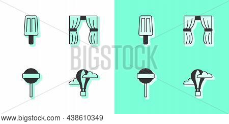 Set Hot Air Balloon, Ice Cream, Lollipop And Circus Curtain Raises Icon. Vector
