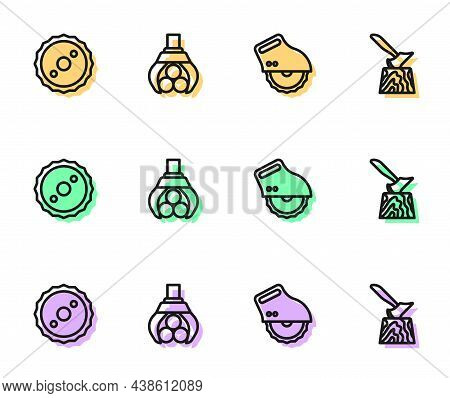Set Line Electric Circular Saw, Circular Blade, Grapple Crane Grabbed Log And Wooden Axe In Stump Ic
