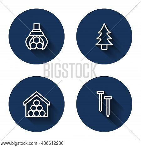 Set Line Grapple Crane Grabbed A Log, Tree, Wooden Logs And Metallic Nails With Long Shadow. Blue Ci