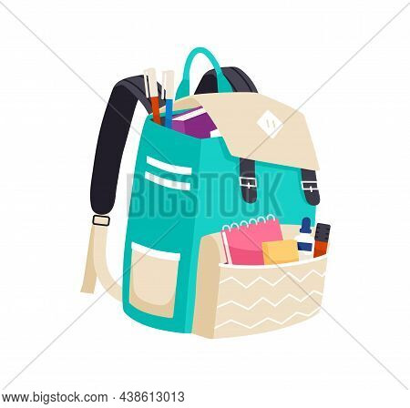 Schoolbag Full Of School Stationery, Books And Supplies In Pockets Of Backpack. Heavy Bag Overfilled