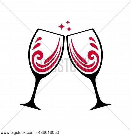 Two Glasses Of Red Wine Or Other Alcohol. Two Glasses Clink Together. Congratulations To Each Other.
