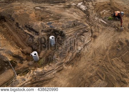 Laying Of Underground Storm Sewer Pipes And Sewerage Wells. Installation Of Water Main, Sanitary Sew