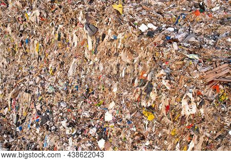 Garbage Dump With Plastic Bags And Food Waste. Recycling Of Waste On Junk Yard. Dispose The Rubbish 