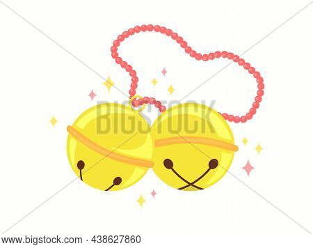 Jingle Bells Isolated. Two Christmas Sleigh Golden Bells With Chain And Stars. Vector Object Illustr