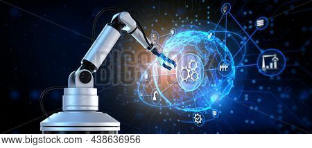 Gears Icons Automation Innovation Rpa. 3d Render Cobot Robotic Arm